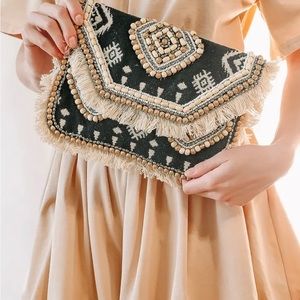 Lulu’s Take Me to Bali Black Multi Beaded Fringe Clutch/Crossbody NWT